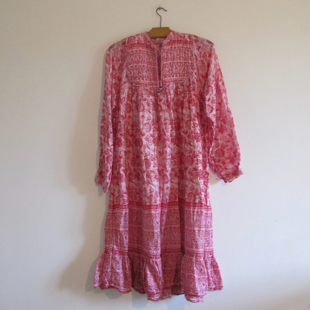 70s Vintage Indian Gauze Pink and Lavender and Gold Lurex Dress